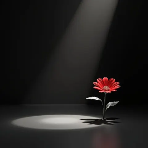 Red Flower Blooming in Monochrome 3D Scene