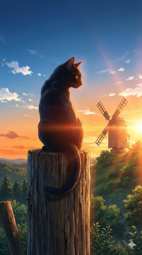 Black Cat Backlit Sunset Gaze
