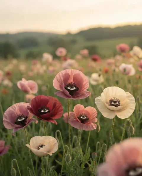Surreal Poppy Field With Eyes