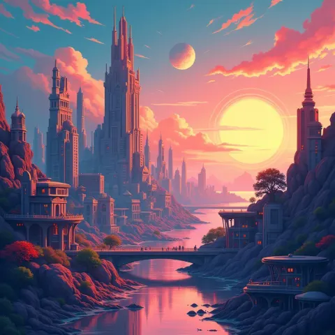 Futuristic Space City in Clean Vector Geometry