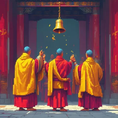 Pixel Tibetan Priests Ringing a Sacred Bell