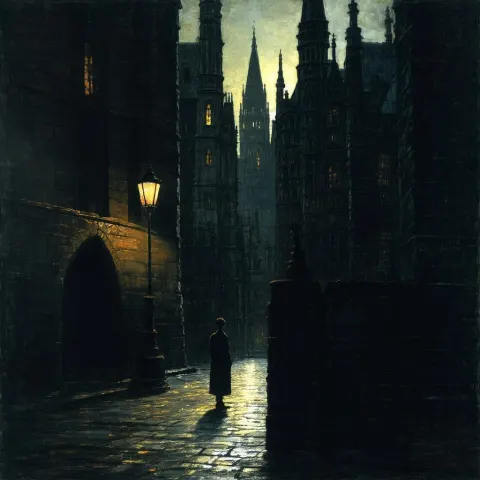 Shadowed Figure Beneath Gothic Lamplit Towers