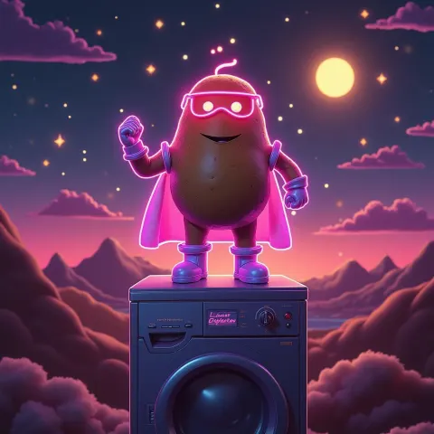 Neon Potato Superhero on Retro Dishwasher