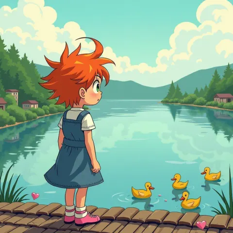 Spiky Haired Girl Watching Rooftop Duck Lake