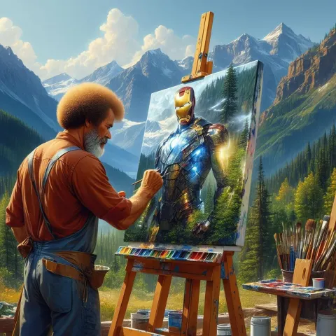 Bob Ross Painting Iron Man Among Mountains