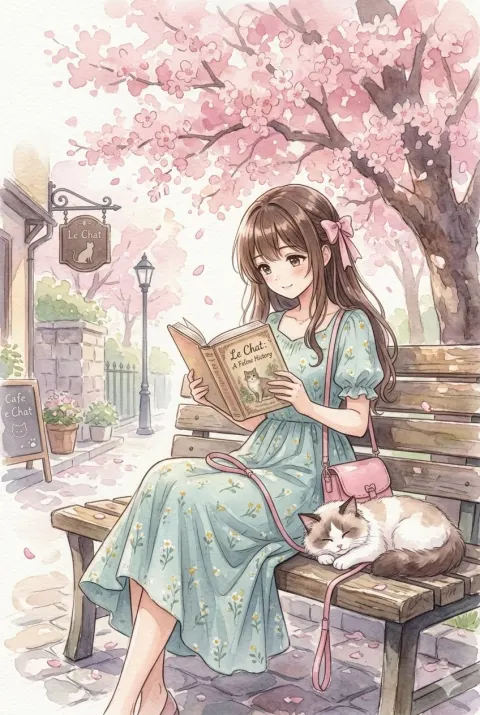 Cherry Blossom Reading Girl