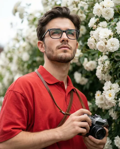 Vintage Camera Girl Among Blooms