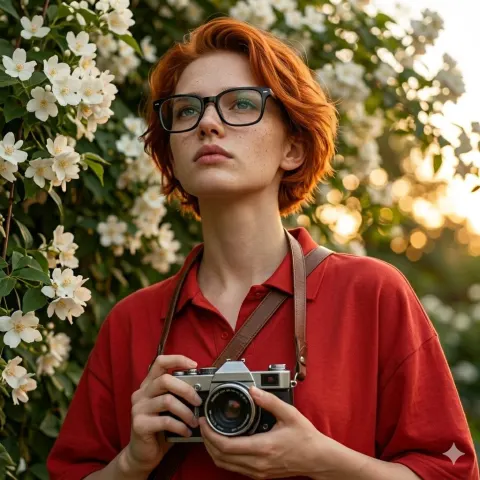Vintage Camera Girl Among Flowers