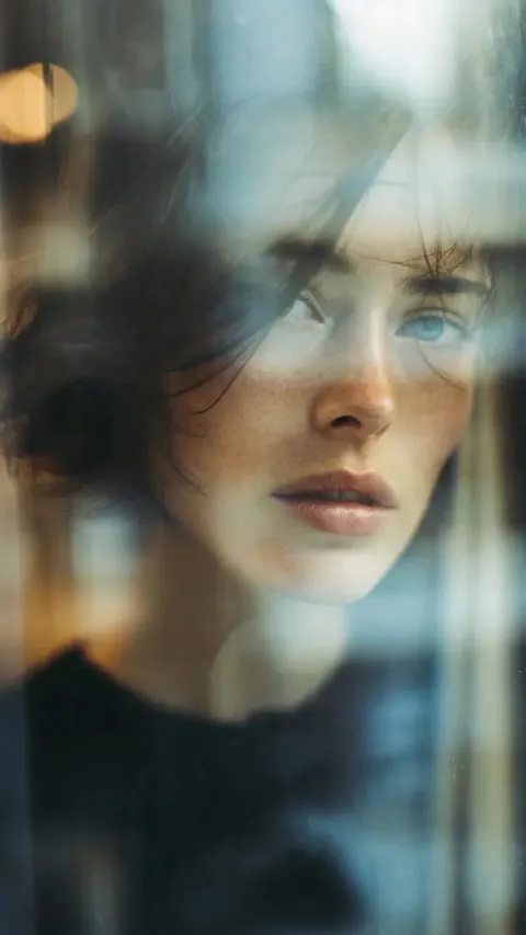 Layered Glass Window Portrait Reflection