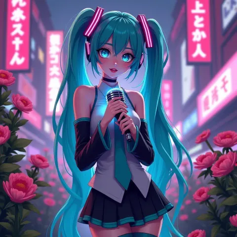 Hatsune Miku Singing Amid Cybernetic Neon Flora