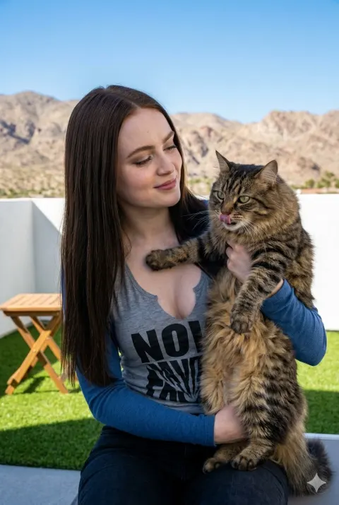 Woman Holding Cat on Sunny Terrace