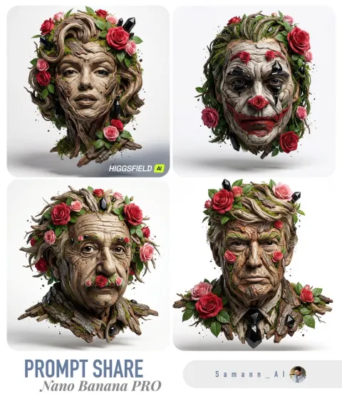 Hyper-Real Organic Sculpture with Roses and Obsidian
