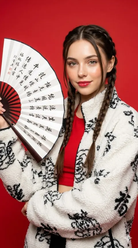 Red Fan Girl Studio Portrait
