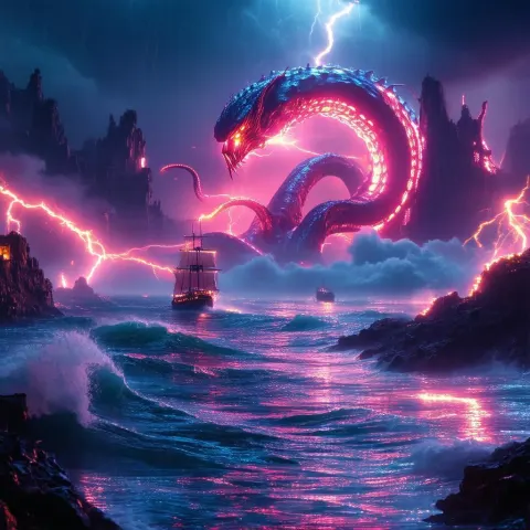 Neon Kraken Rising Beneath a Stormy Sea