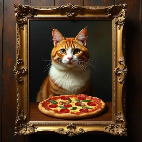 Baroque Cat Pizza Portrait in Gilded Frame