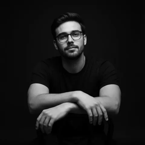 A man with glasses and short hair sits facing forward against a solid black backdrop.