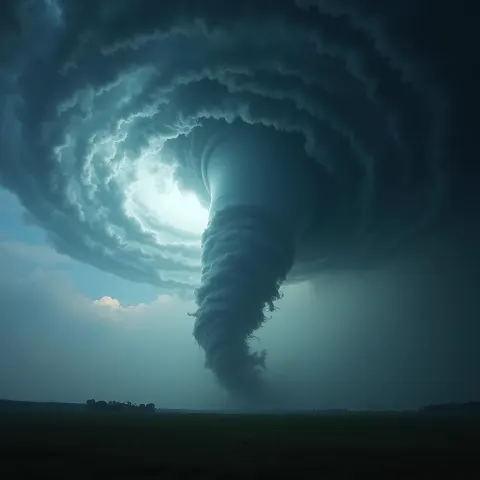 Tornado Vortex Swirling in Dramatic Storm Light