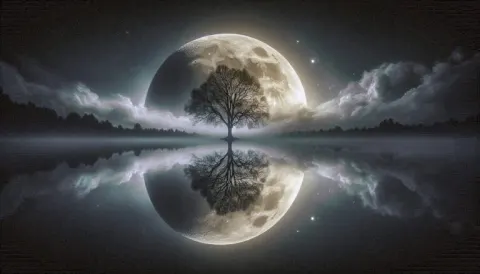 Surreal Crescent Moon Reflection in Calm Water