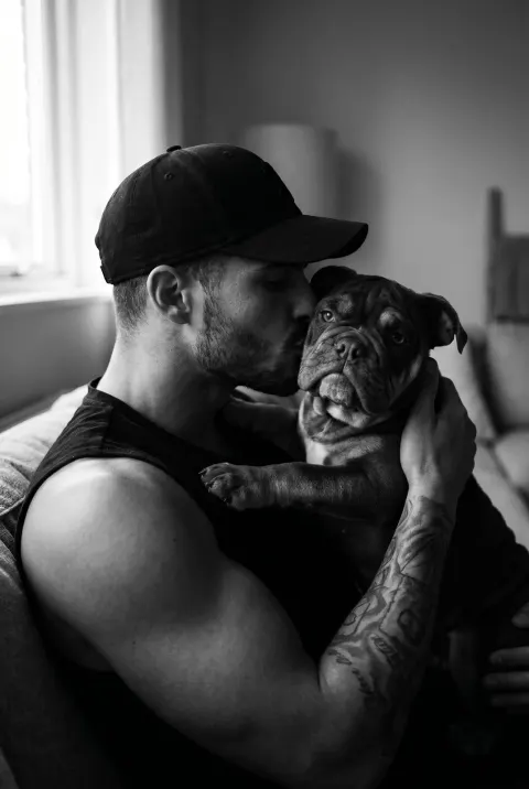 Muscular Man Tenderly Kisses Bulldog
