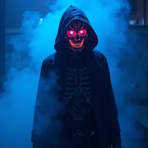 Cybernetic Grim Reaper in Electric Blue Mist