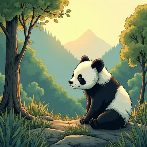 Ethereal Manga Panda in Misty Mountain Forest