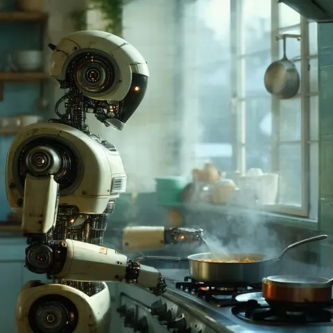 Retro Robot Cooking in a Vintage Kitchen