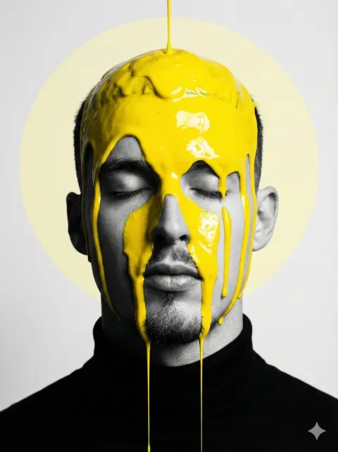 A person with eyes closed wears a black turtleneck while bright yellow paint drips from above onto their head and face.