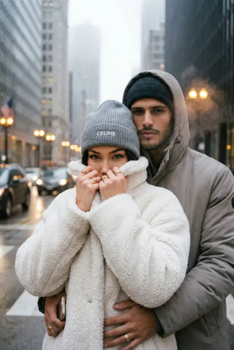 A woman in a white fluffy coat and grey beanie is embraced by a man wearing a hooded jacket on an urban street.
