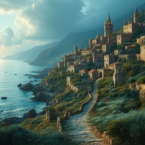 Coastal Medieval City From a Cinematic Sky