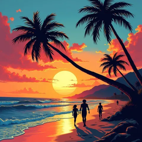 Pop Art Sunset Beach in Comic Panels