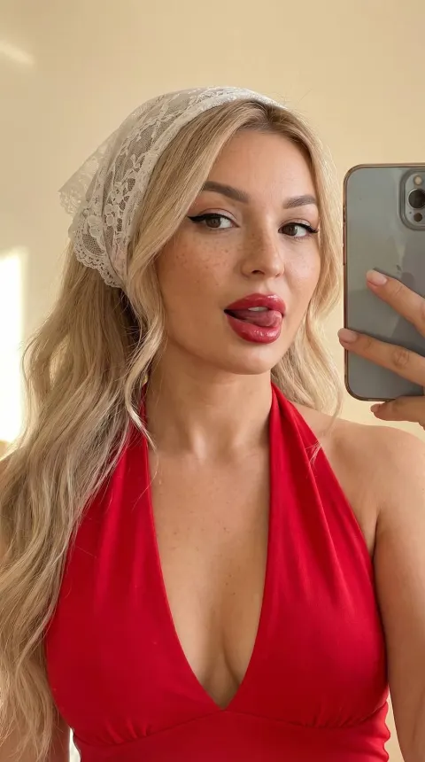 Playful Red Halter Selfie Girl