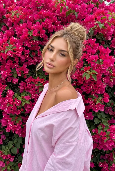Pink Shirt Girl by Bougainvillea Wall