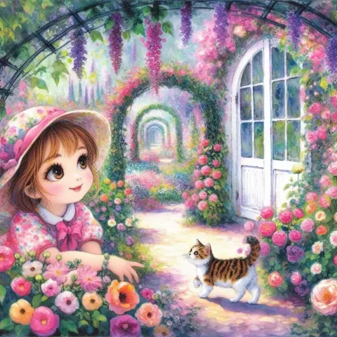 Girl and Cat Admiring Blooming Garden Arch