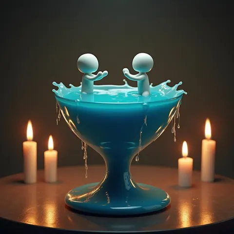 Rubber Figures Diving Into a Glowing Chalice