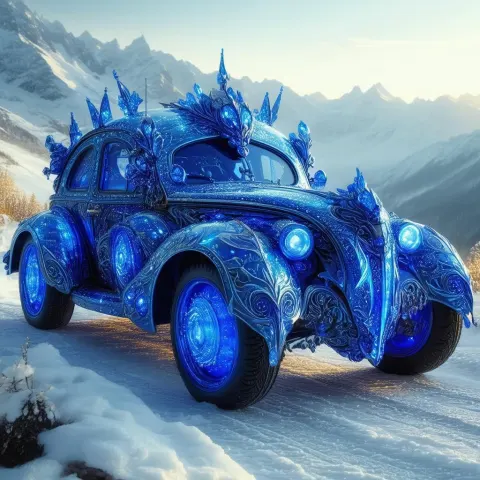 Mystical Blue Vehicle in Snowy Fantasy Realm