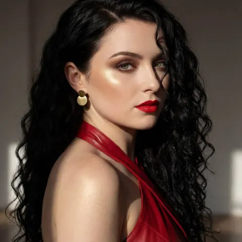A woman with long dark curly hair wears a red leather top and gold earrings in a dimly lit room.