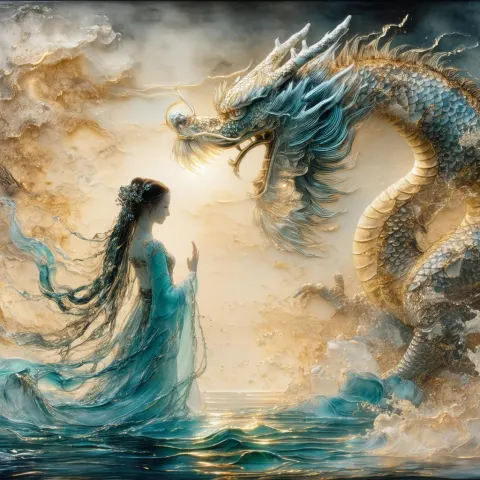 Water Spirit Embracing a Dragon in Encaustic