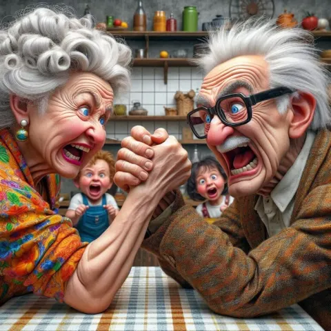 Vintage Couple Arm Wrestling in Kitchen Caricature