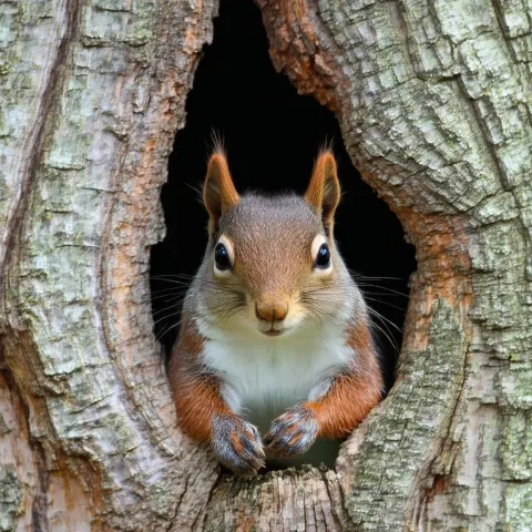 Squirrel Emerging From a Textured Tree Trunk