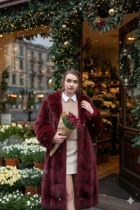 Elegant Winter Portrait at Flower Shop