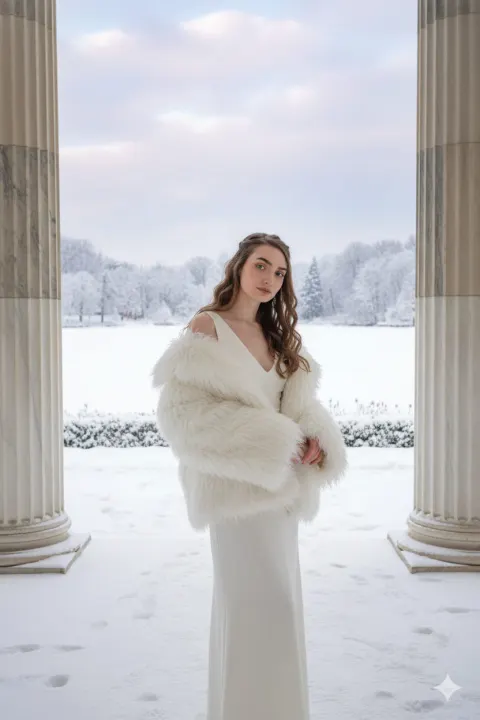 Elegant Winter Muse in Snowy Neoclassical Setting