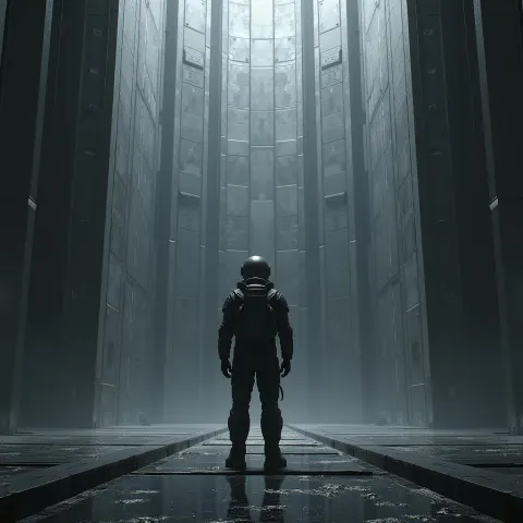 Explorer Cosmonaut Before a Colossal Metal Wall