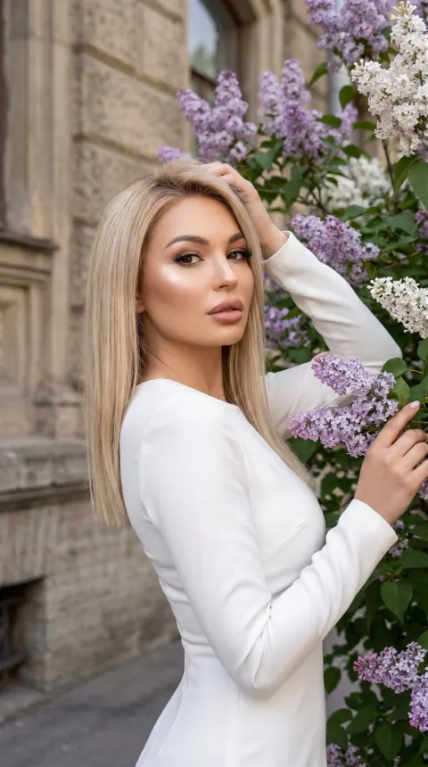 Elegant Woman in White by Lilacs