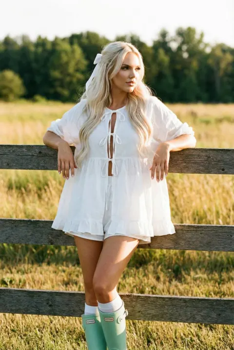 A person with long blonde hair tied with a white ribbon leans back on a wooden fence in a field. They wear a white romper with chest ties and ruffles, white socks, and light green.