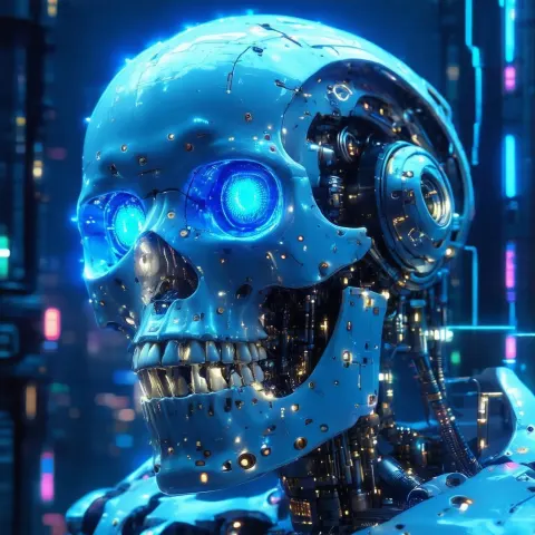 Neon Robotic Skull With Piercing Blue Eyes