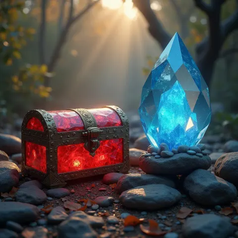 Red Gemstone Chest Beside Blue Crystal Casket