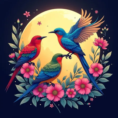 Floral Moon With Three Vibrant Birds