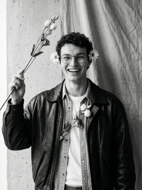 Smiling Man Flowers Leather Jacket