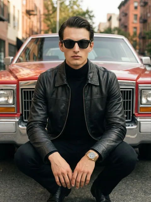 Cool Man Crouching by Classic Red Car