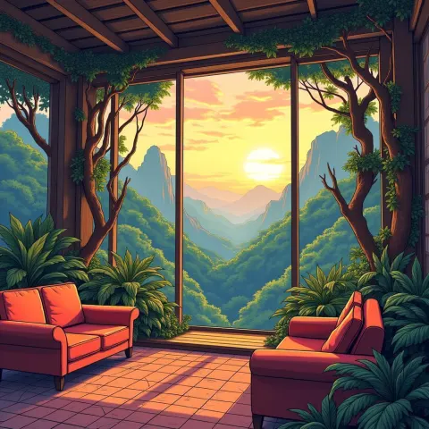 Vibrant Manga Living Space Overlooking Lush Forest